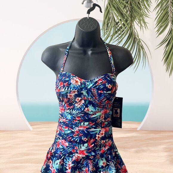 Shore Shapes Other - NWT Shore Shapes Retro Style Pink Hibiscus Florals Ruched Halter Swimsuit Size 8